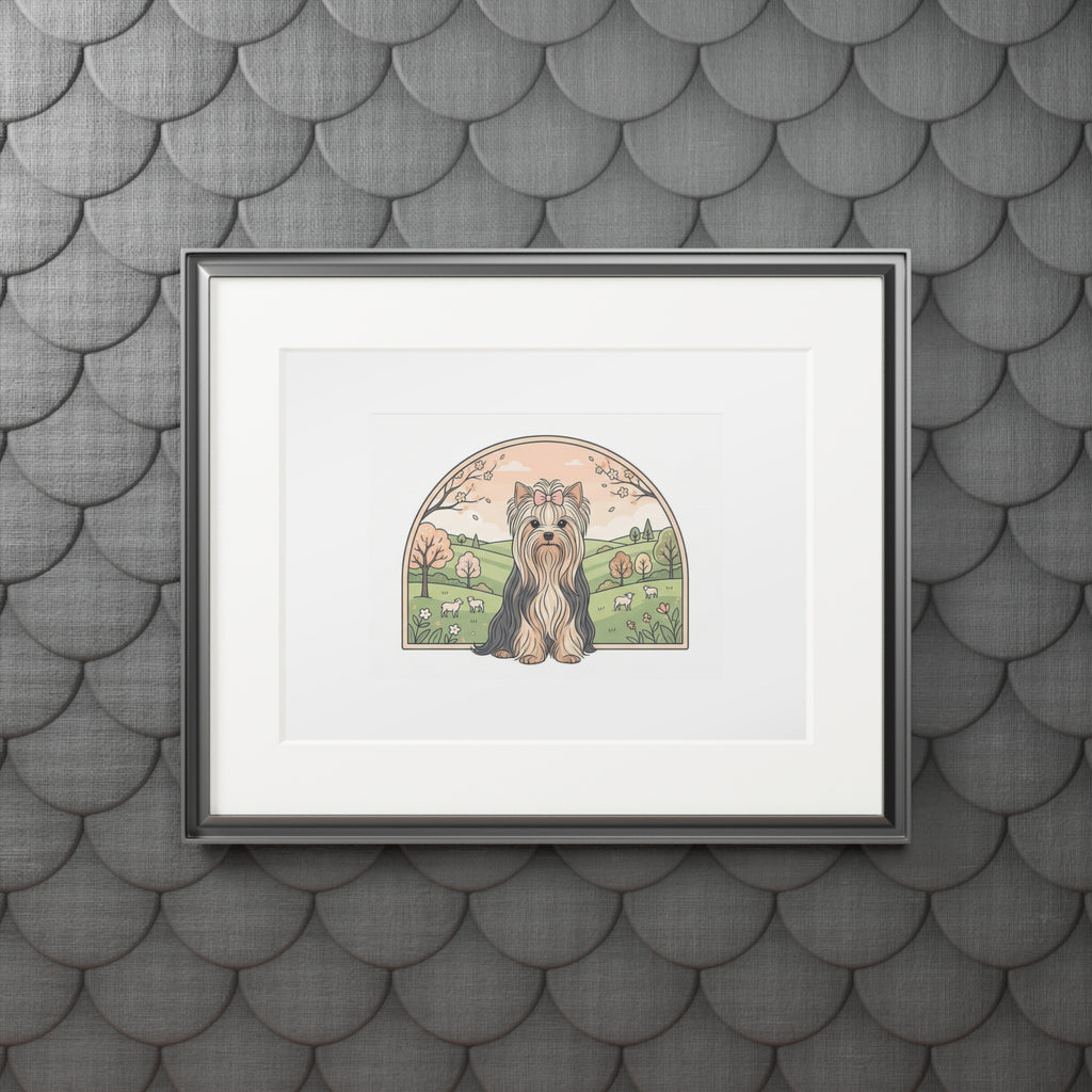 Elegant Spring Yorkie Wall Art – Regal Long-Haired Yorkshire Terrier in Countryside Archway Print, Fine Art Prints (Passepartout Paper Frame)