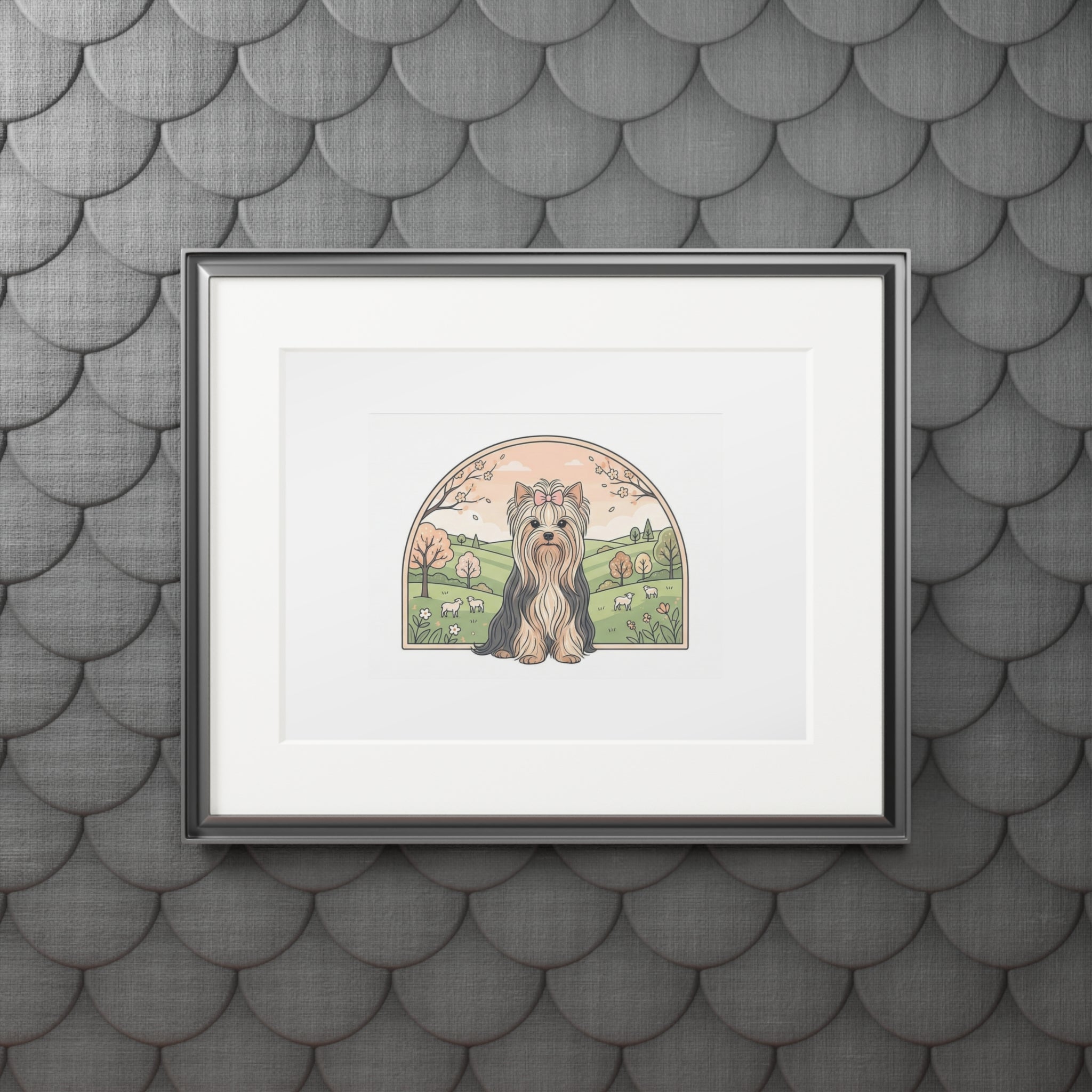 Elegant Spring Yorkie Wall Art – Regal Long-Haired Yorkshire Terrier in Countryside Archway Print, Fine Art Prints (Passepartout Paper Frame)