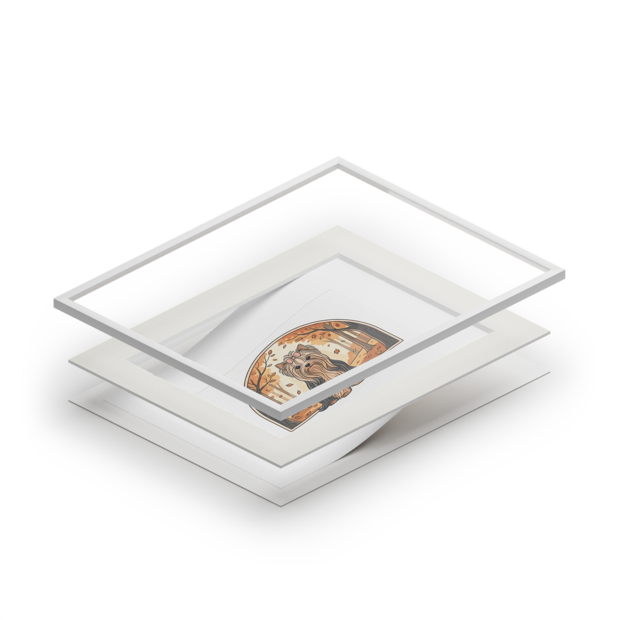 Elegant Autumn Yorkie Wall Art – Regal Long-Haired Yorkshire Terrier in Woodland Archway Print. Fine Art Prints (Passepartout Paper Frame)