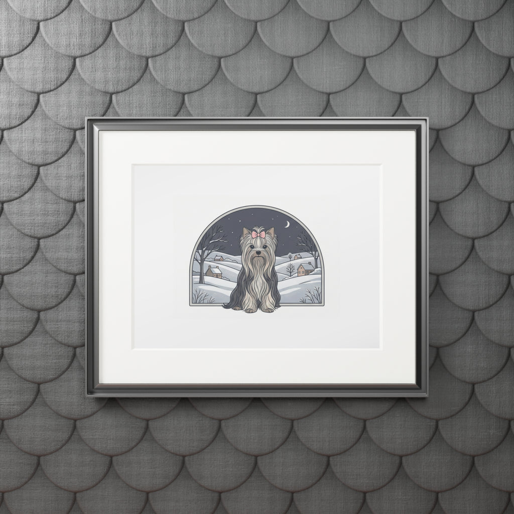 Elegant Winter Yorkie Wall Art – Regal Long-Haired Yorkshire Terrier in Moonlit Snow Countryside Print, Fine Art Prints (Passepartout Paper Frame)