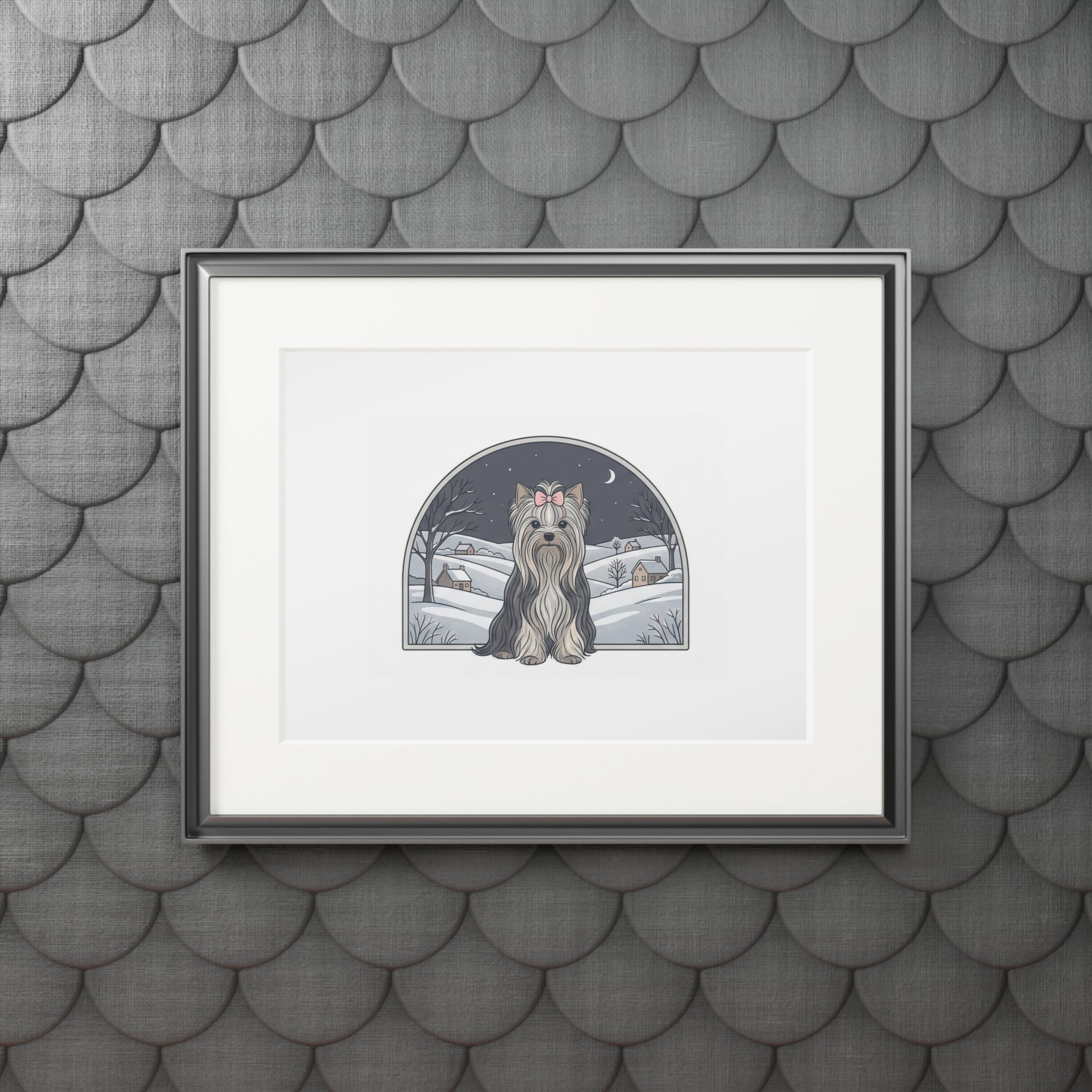 Elegant Winter Yorkie Wall Art – Regal Long-Haired Yorkshire Terrier in Moonlit Snow Countryside Print, Fine Art Prints (Passepartout Paper Frame)