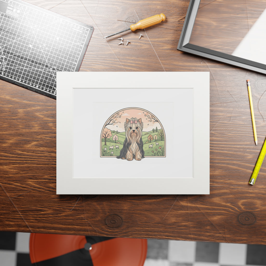 Elegant Spring Yorkie Wall Art – Regal Long-Haired Yorkshire Terrier in Countryside Archway Print, Fine Art Prints (Passepartout Paper Frame)