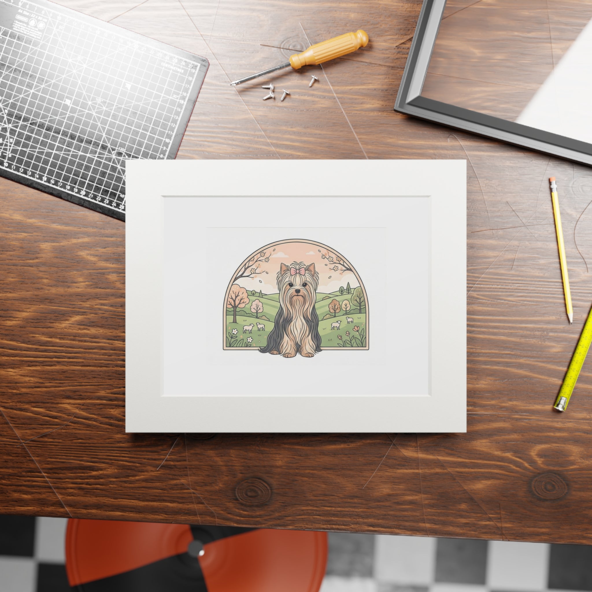 Elegant Spring Yorkie Wall Art – Regal Long-Haired Yorkshire Terrier in Countryside Archway Print, Fine Art Prints (Passepartout Paper Frame)