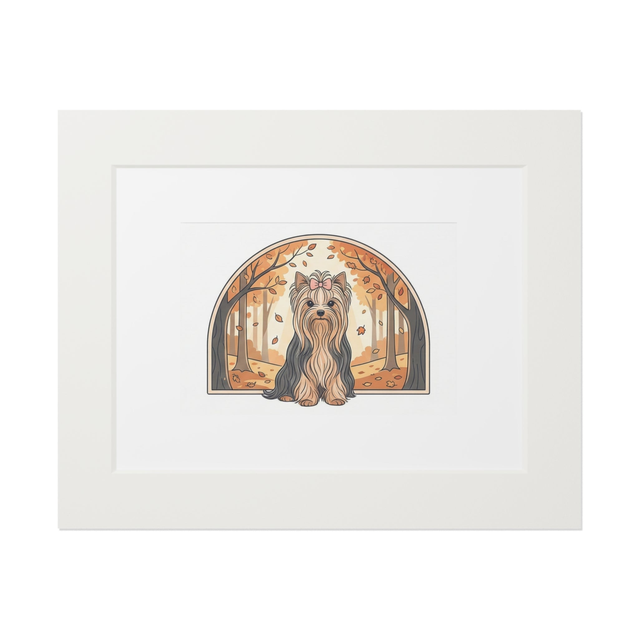 Elegant Autumn Yorkie Wall Art – Regal Long-Haired Yorkshire Terrier in Woodland Archway Print. Fine Art Prints (Passepartout Paper Frame)