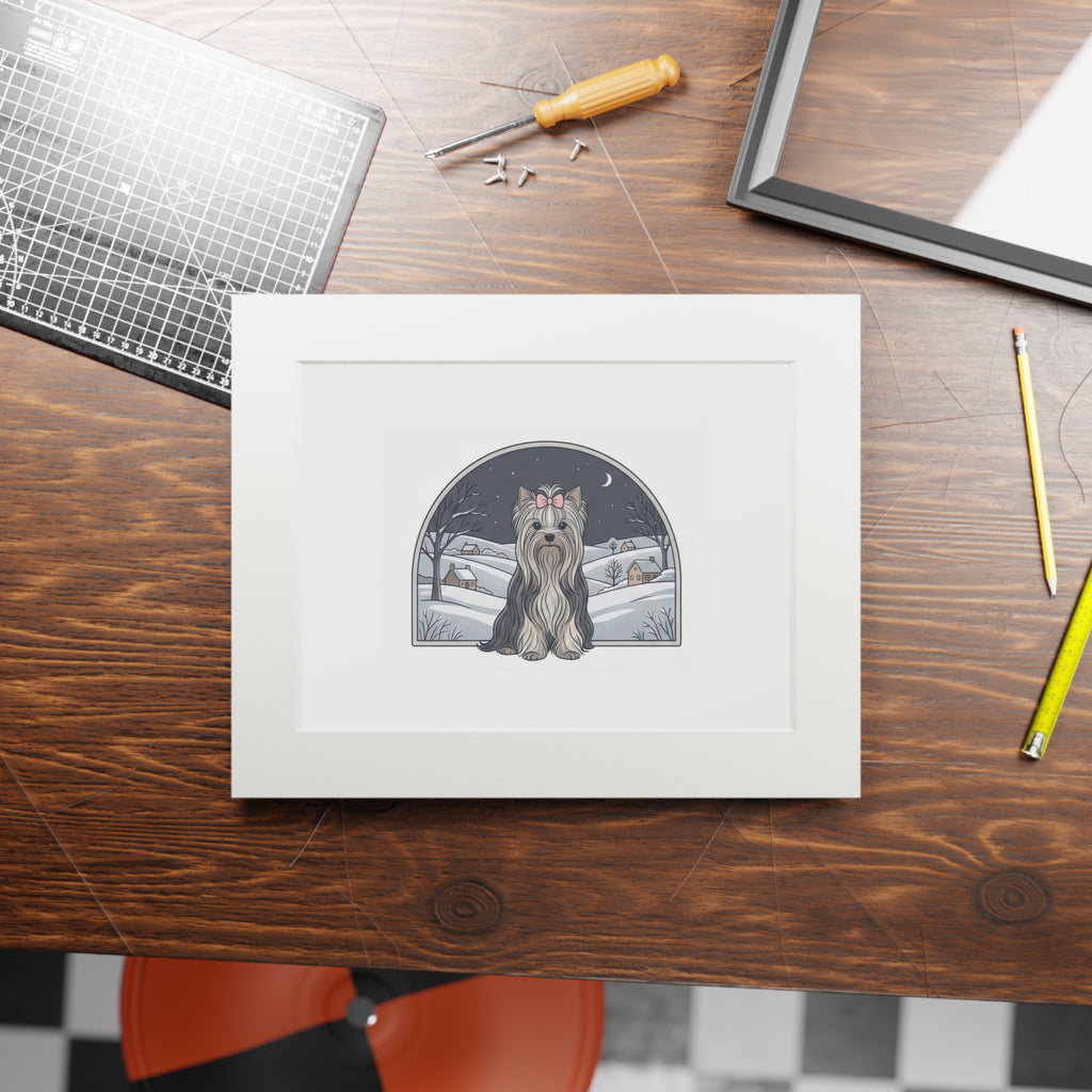 Elegant Winter Yorkie Wall Art – Regal Long-Haired Yorkshire Terrier in Moonlit Snow Countryside Print, Fine Art Prints (Passepartout Paper Frame)