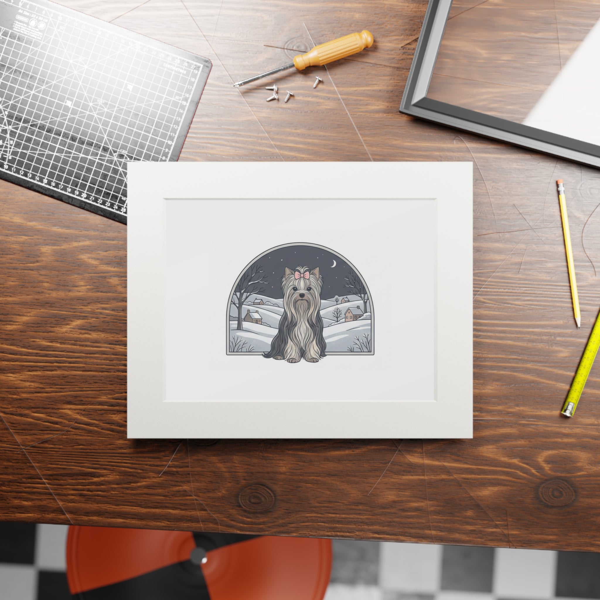 Elegant Winter Yorkie Wall Art – Regal Long-Haired Yorkshire Terrier in Moonlit Snow Countryside Print, Fine Art Prints (Passepartout Paper Frame)