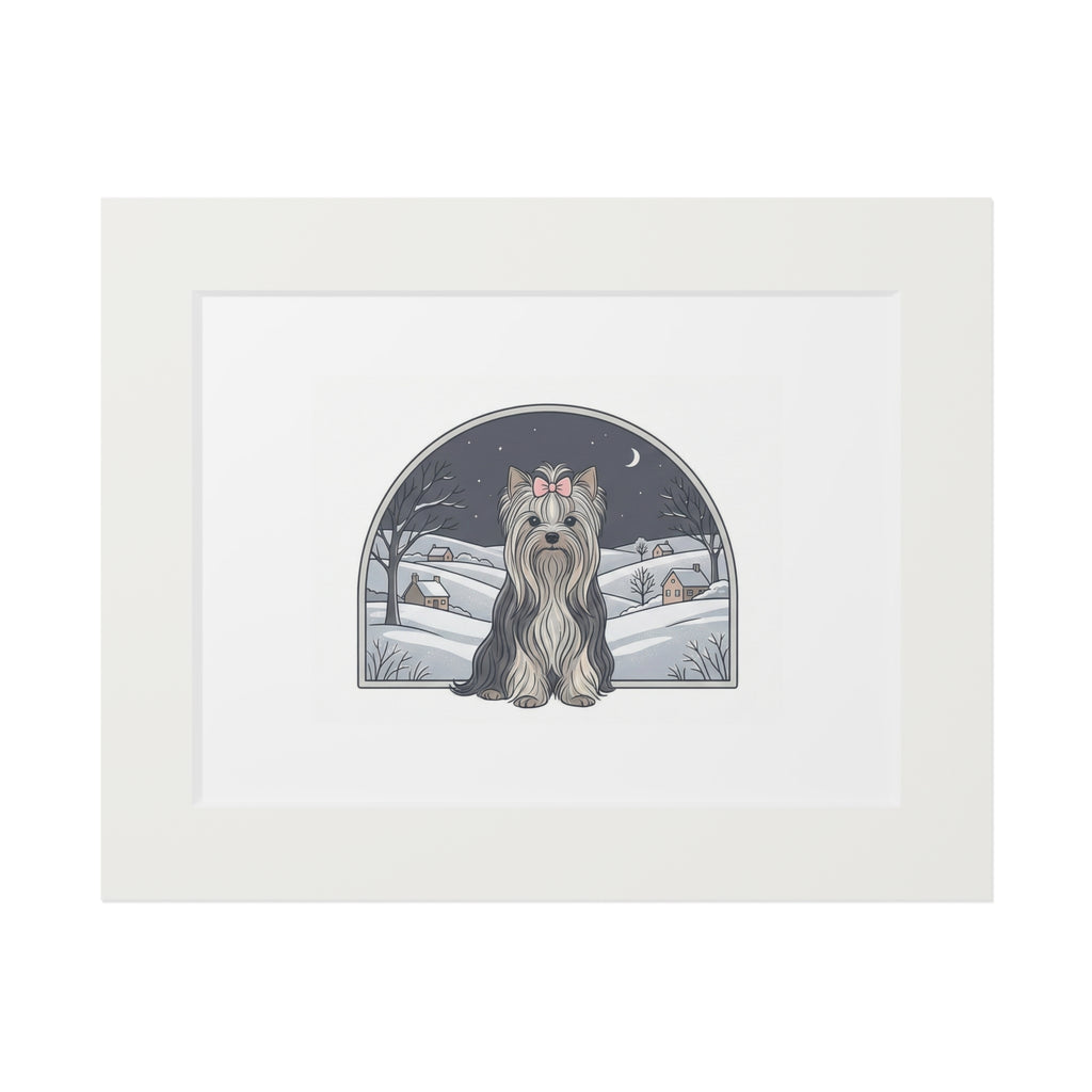 Elegant Winter Yorkie Wall Art – Regal Long-Haired Yorkshire Terrier in Moonlit Snow Countryside Print, Fine Art Prints (Passepartout Paper Frame)