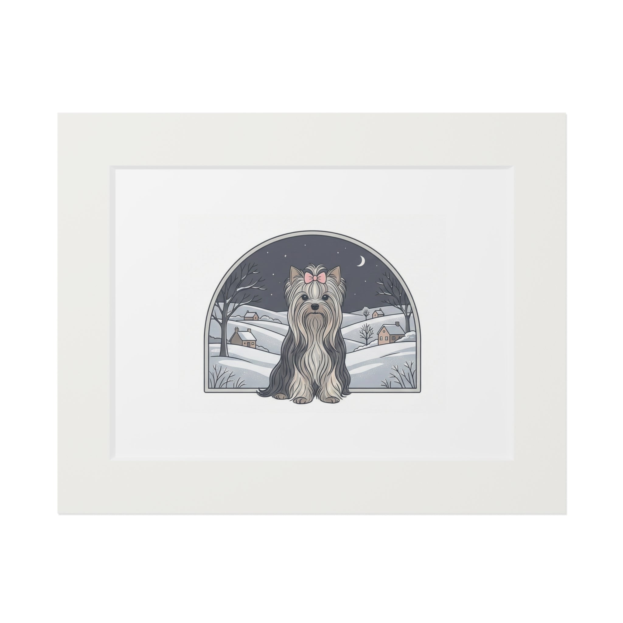 Elegant Winter Yorkie Wall Art – Regal Long-Haired Yorkshire Terrier in Moonlit Snow Countryside Print, Fine Art Prints (Passepartout Paper Frame)