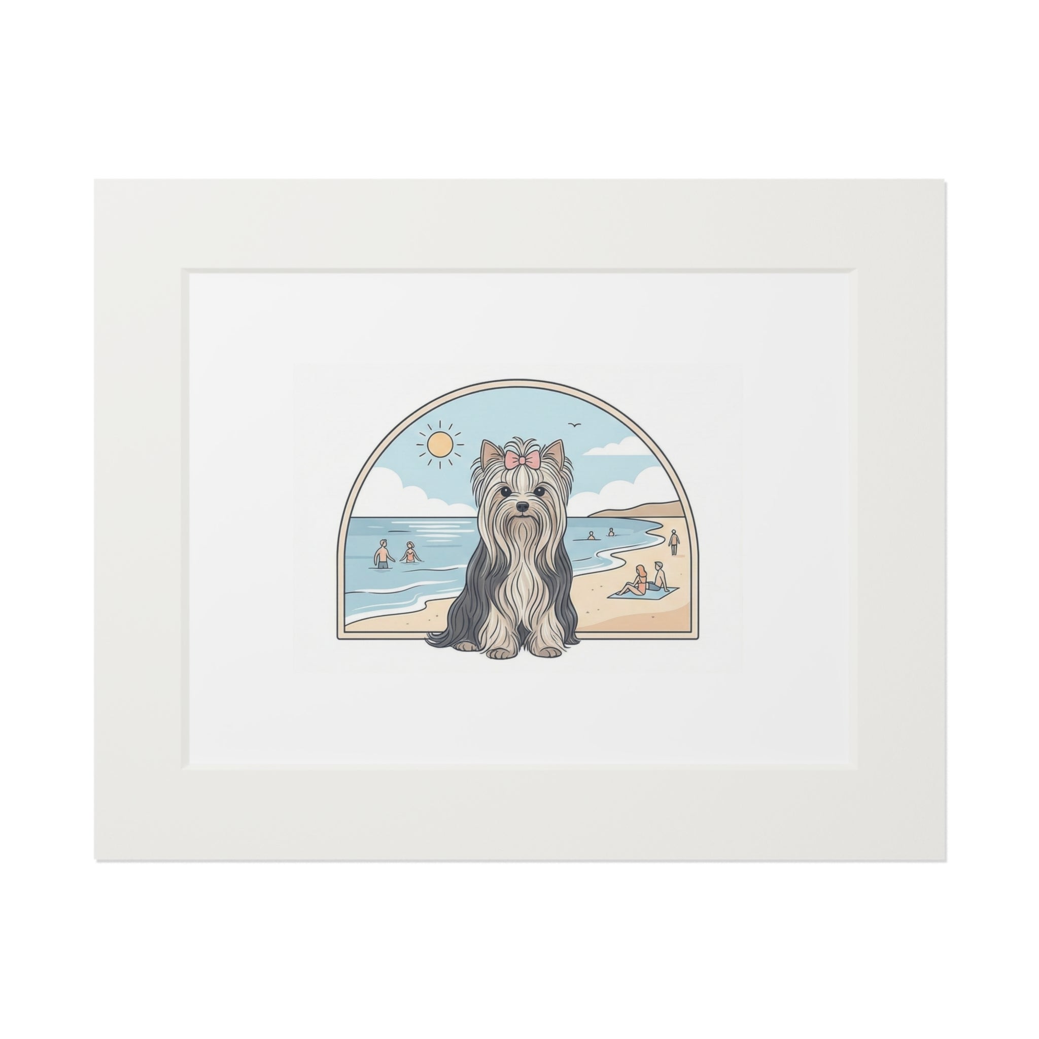 Elegant Summer Yorkie Wall Art – Regal Long-Haired Yorkshire Terrier in Beach Archway Print. Fine Art Prints (Passepartout Paper Frame)