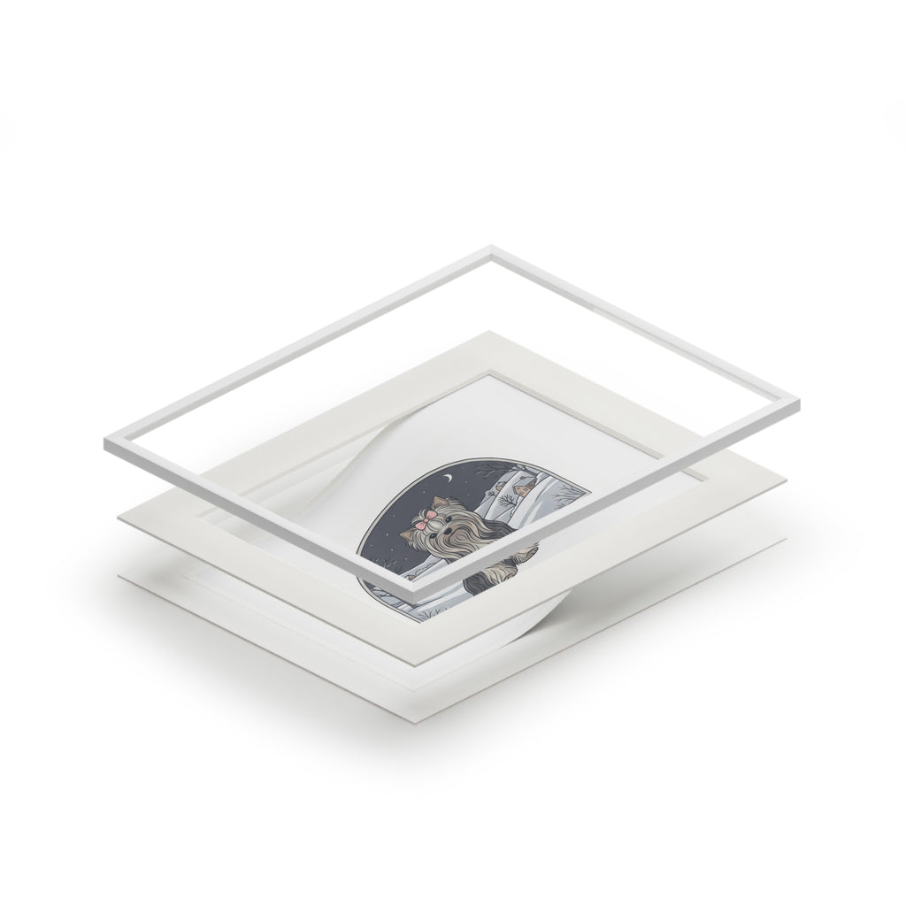Elegant Winter Yorkie Wall Art – Regal Long-Haired Yorkshire Terrier in Moonlit Snow Countryside Print, Fine Art Prints (Passepartout Paper Frame)