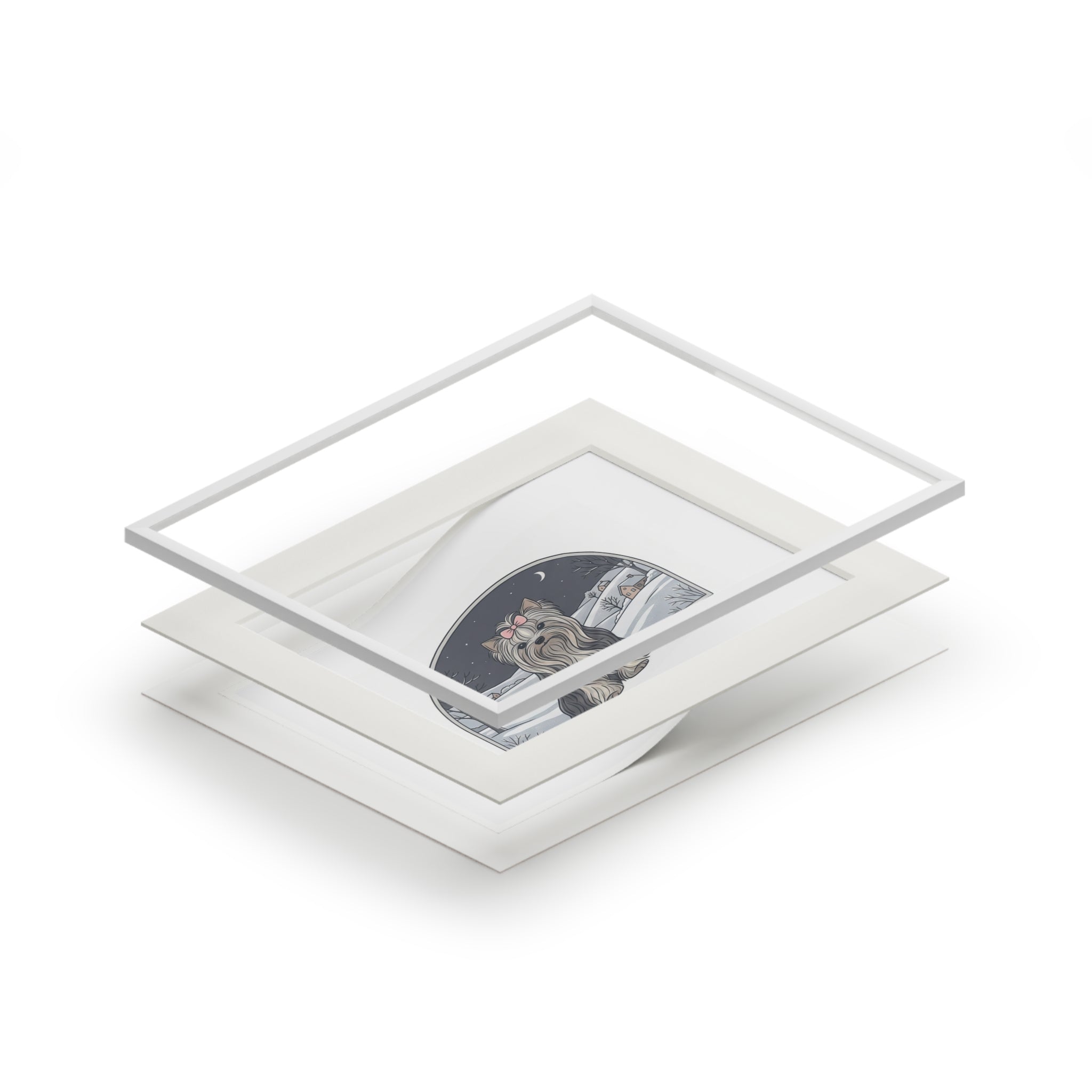 Elegant Winter Yorkie Wall Art – Regal Long-Haired Yorkshire Terrier in Moonlit Snow Countryside Print, Fine Art Prints (Passepartout Paper Frame)