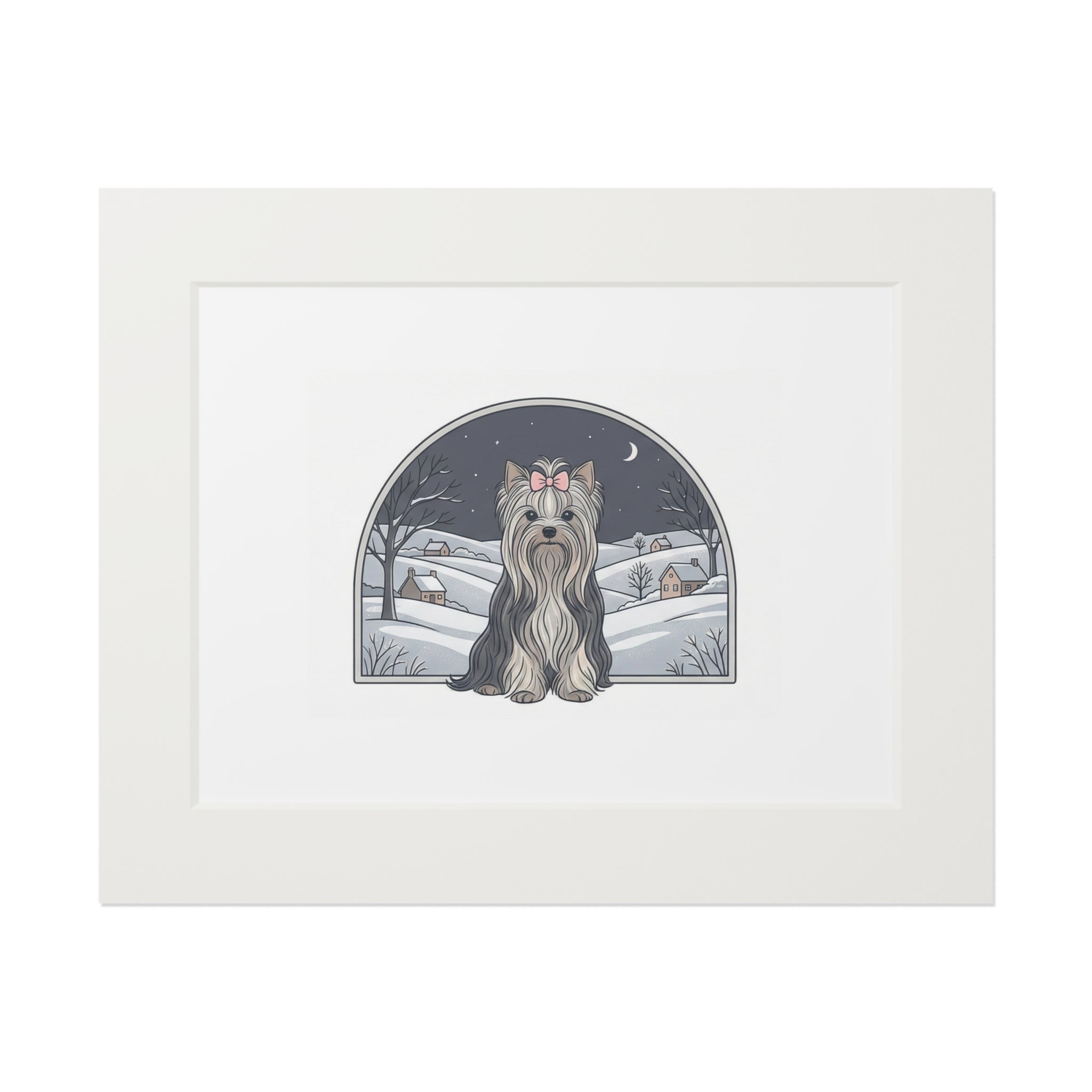 Elegant Winter Yorkie Wall Art – Regal Long-Haired Yorkshire Terrier in Moonlit Snow Countryside Print, Fine Art Prints (Passepartout Paper Frame)