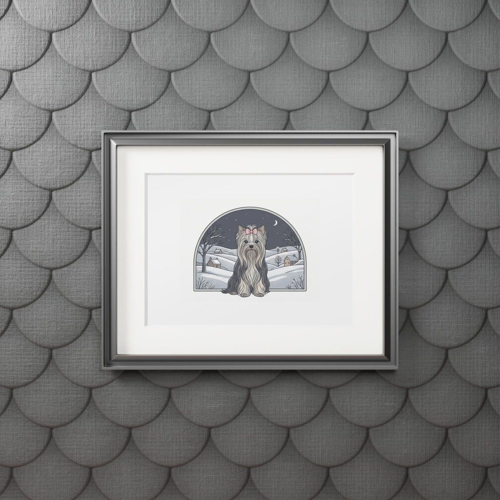 Elegant Winter Yorkie Wall Art – Regal Long-Haired Yorkshire Terrier in Moonlit Snow Countryside Print, Fine Art Prints (Passepartout Paper Frame)