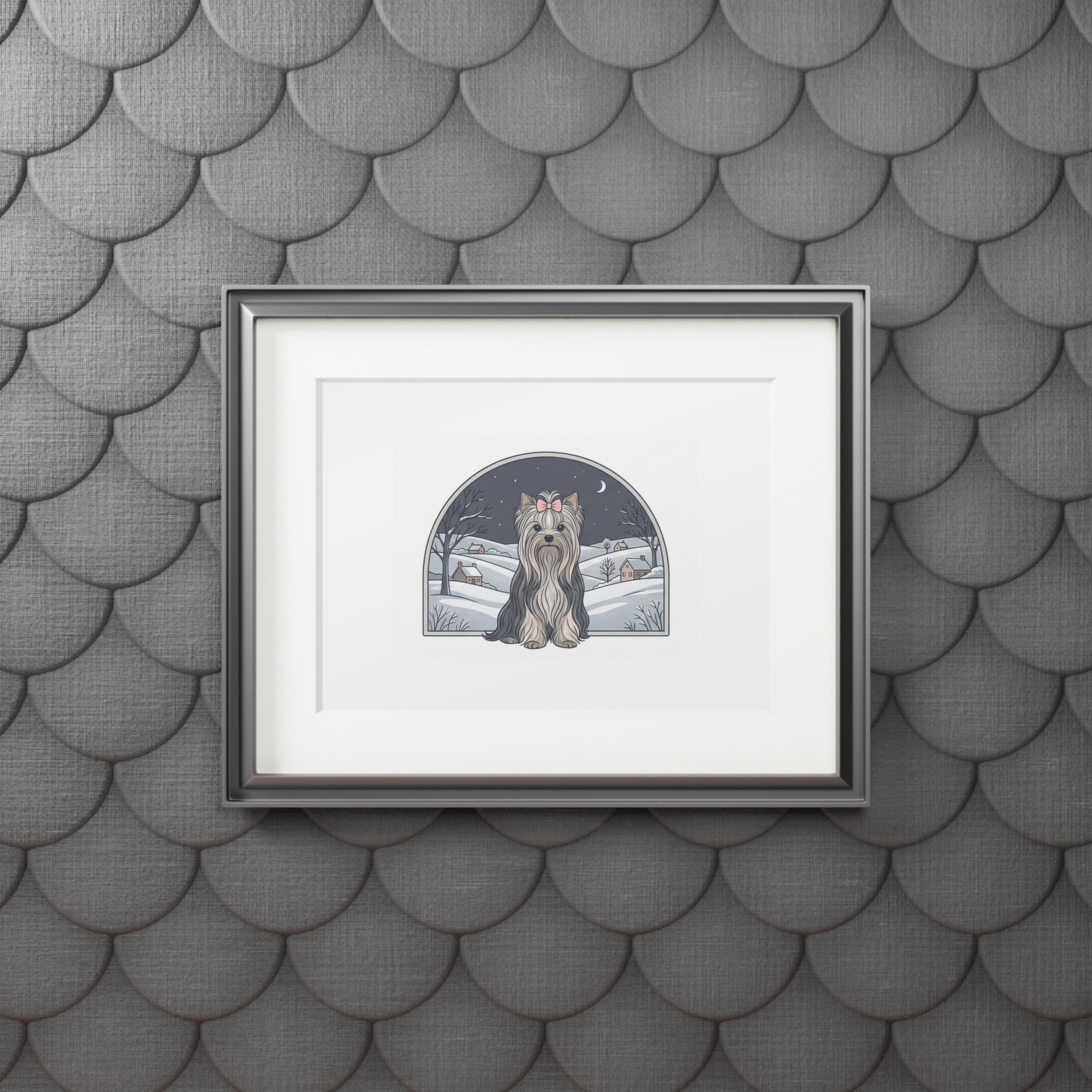 Elegant Winter Yorkie Wall Art – Regal Long-Haired Yorkshire Terrier in Moonlit Snow Countryside Print, Fine Art Prints (Passepartout Paper Frame)