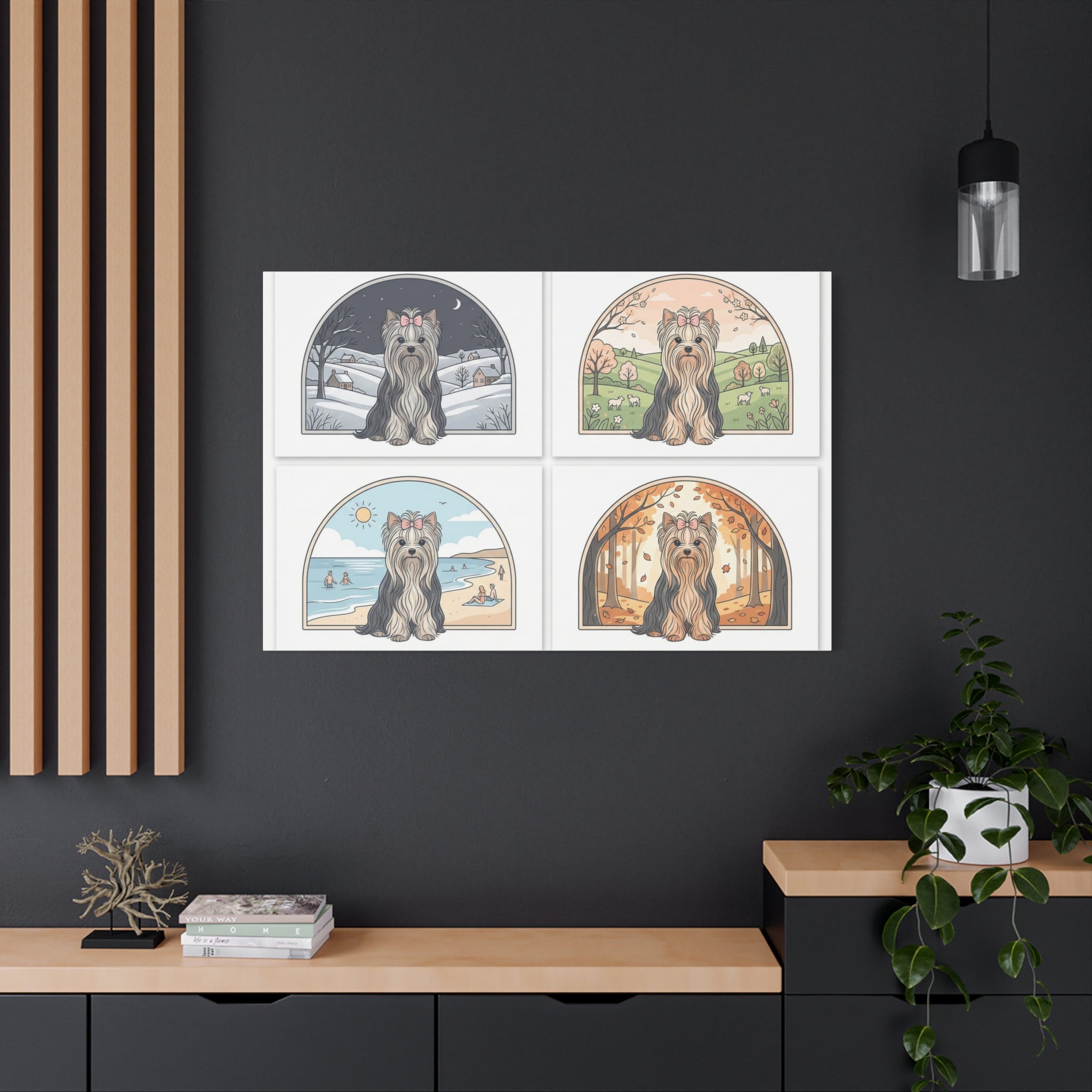 Elegant Yorkie Seasonal Wall Art – Regal Long-Haired Yorkshire Terrier Print (Winter, Spring, Summer & Autumn), Matte Canvas, Stretched, 1.25"
