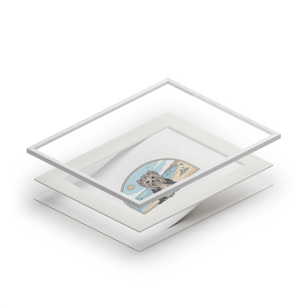 Elegant Summer Yorkie Wall Art – Regal Long-Haired Yorkshire Terrier in Beach Archway Print. Fine Art Prints (Passepartout Paper Frame)