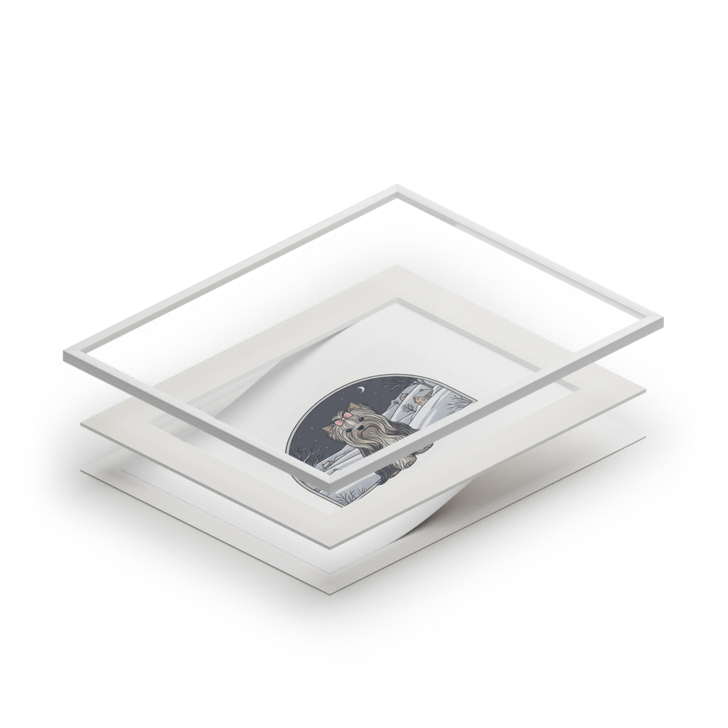 Elegant Winter Yorkie Wall Art – Regal Long-Haired Yorkshire Terrier in Moonlit Snow Countryside Print, Fine Art Prints (Passepartout Paper Frame)