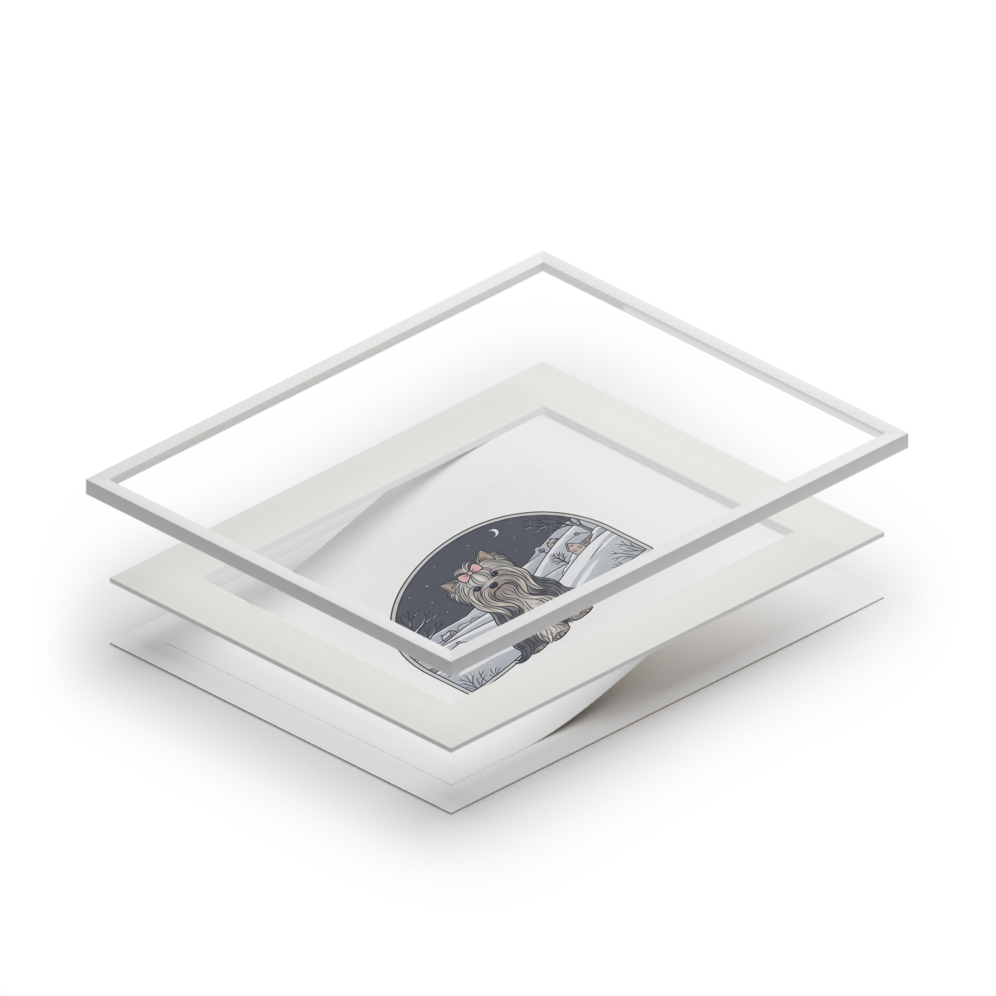 Elegant Winter Yorkie Wall Art – Regal Long-Haired Yorkshire Terrier in Moonlit Snow Countryside Print, Fine Art Prints (Passepartout Paper Frame)