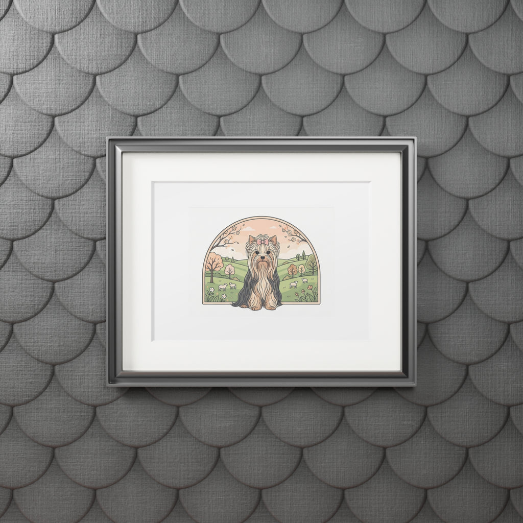 Elegant Spring Yorkie Wall Art – Regal Long-Haired Yorkshire Terrier in Countryside Archway Print, Fine Art Prints (Passepartout Paper Frame)