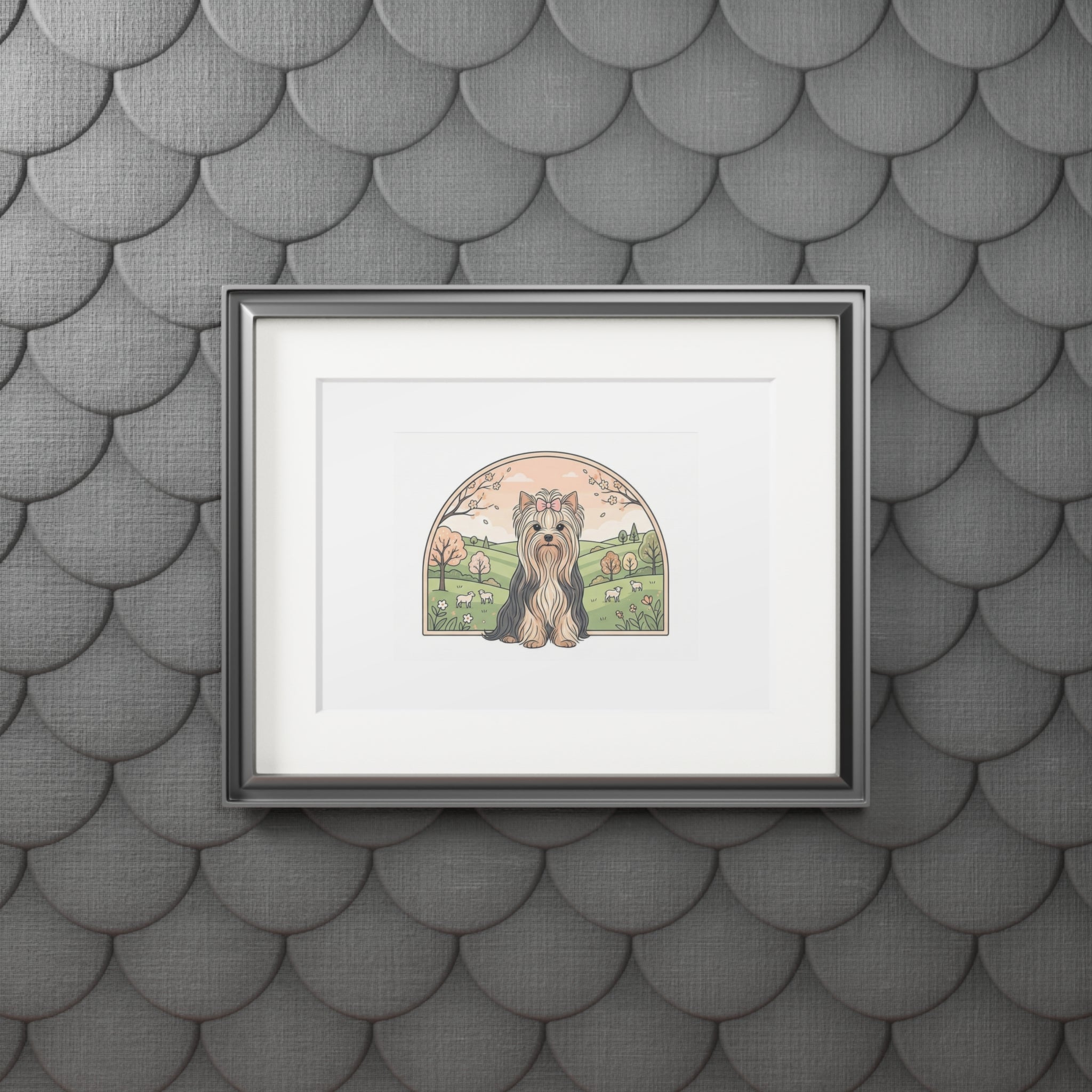 Elegant Spring Yorkie Wall Art – Regal Long-Haired Yorkshire Terrier in Countryside Archway Print, Fine Art Prints (Passepartout Paper Frame)