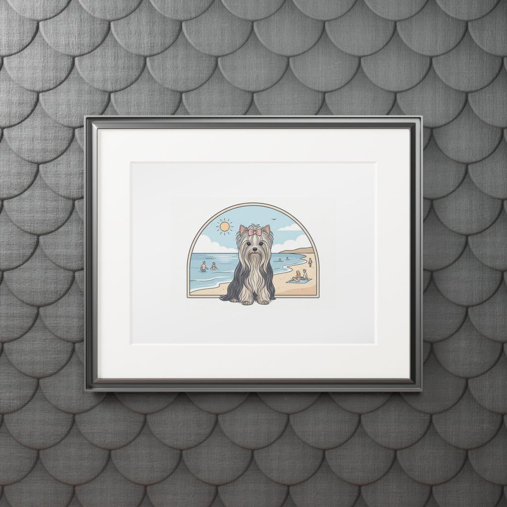 Elegant Summer Yorkie Wall Art – Regal Long-Haired Yorkshire Terrier in Beach Archway Print. Fine Art Prints (Passepartout Paper Frame)