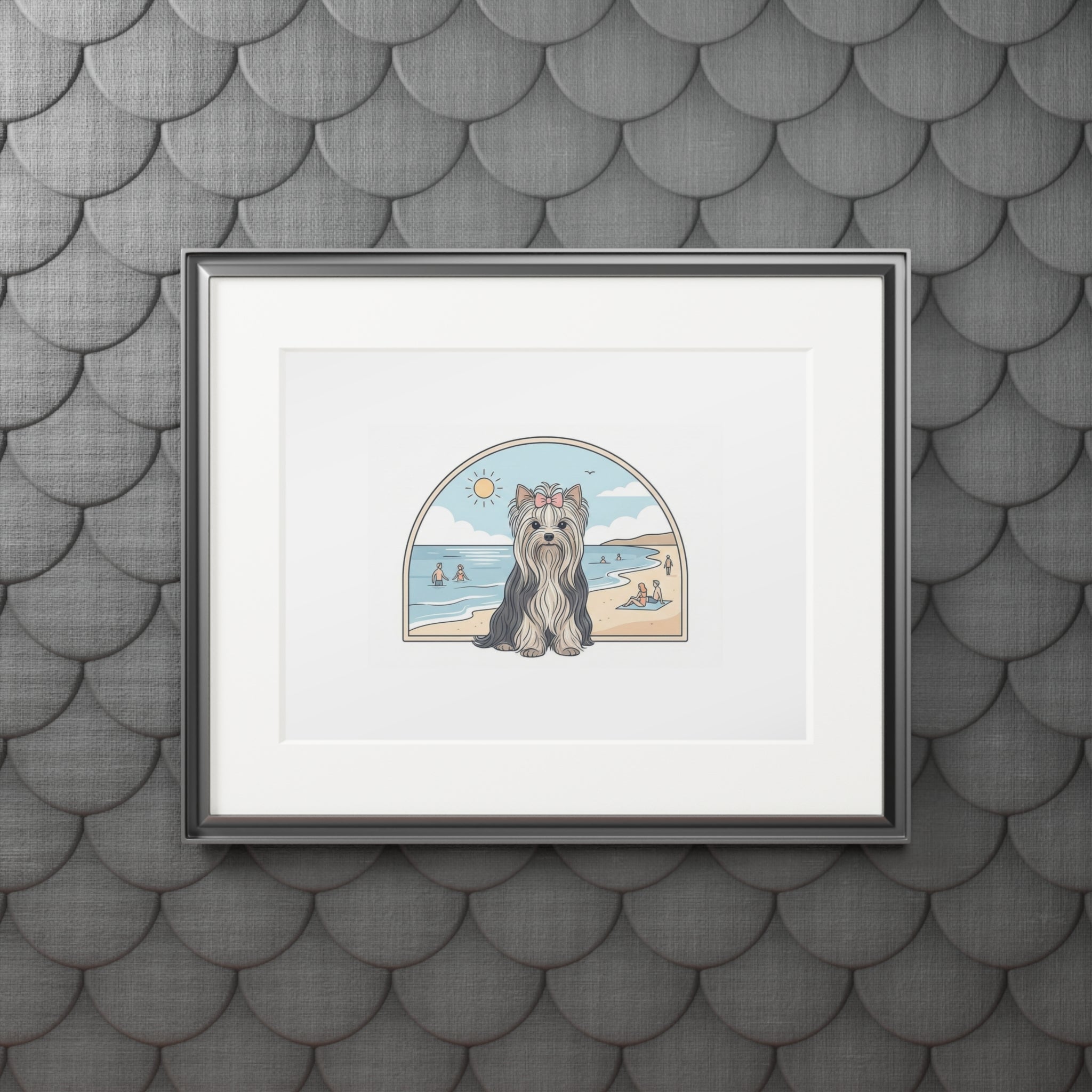Elegant Summer Yorkie Wall Art – Regal Long-Haired Yorkshire Terrier in Beach Archway Print. Fine Art Prints (Passepartout Paper Frame)