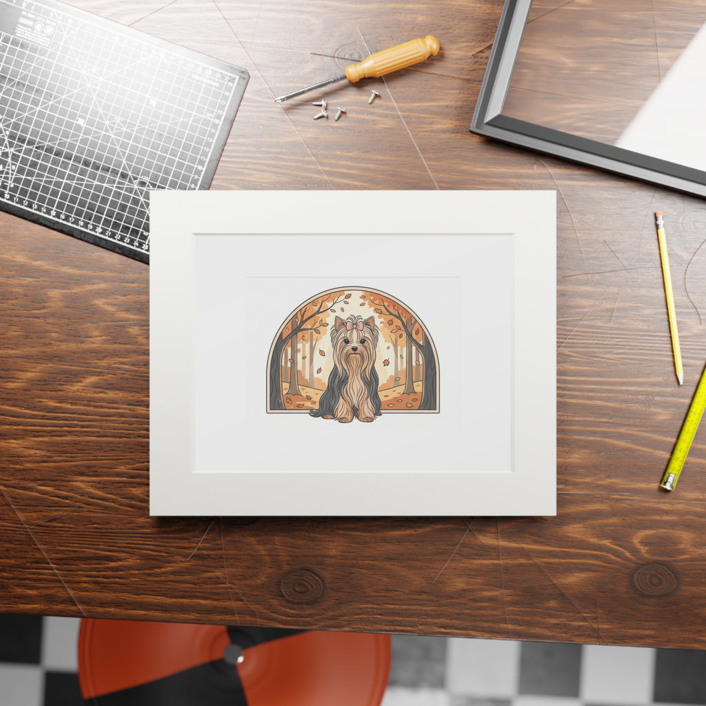 Elegant Autumn Yorkie Wall Art – Regal Long-Haired Yorkshire Terrier in Woodland Archway Print. Fine Art Prints (Passepartout Paper Frame)