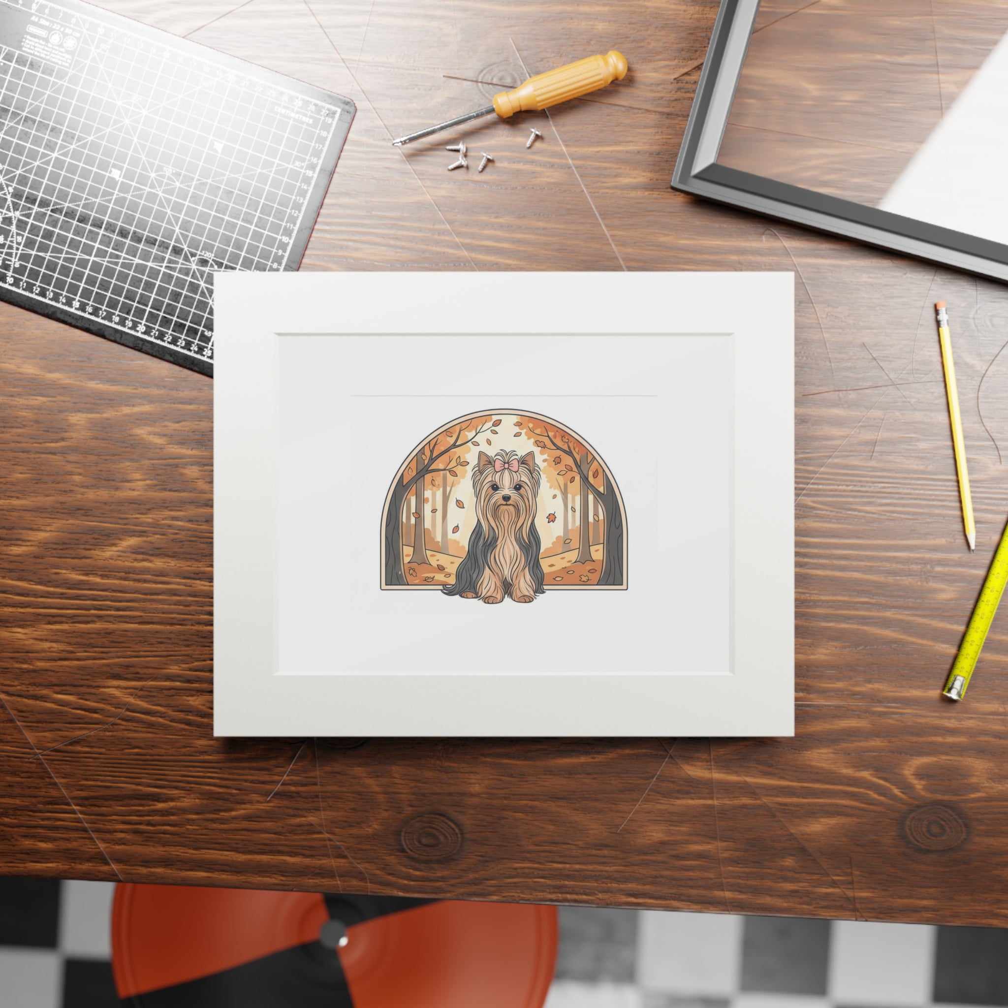 Elegant Autumn Yorkie Wall Art – Regal Long-Haired Yorkshire Terrier in Woodland Archway Print. Fine Art Prints (Passepartout Paper Frame)