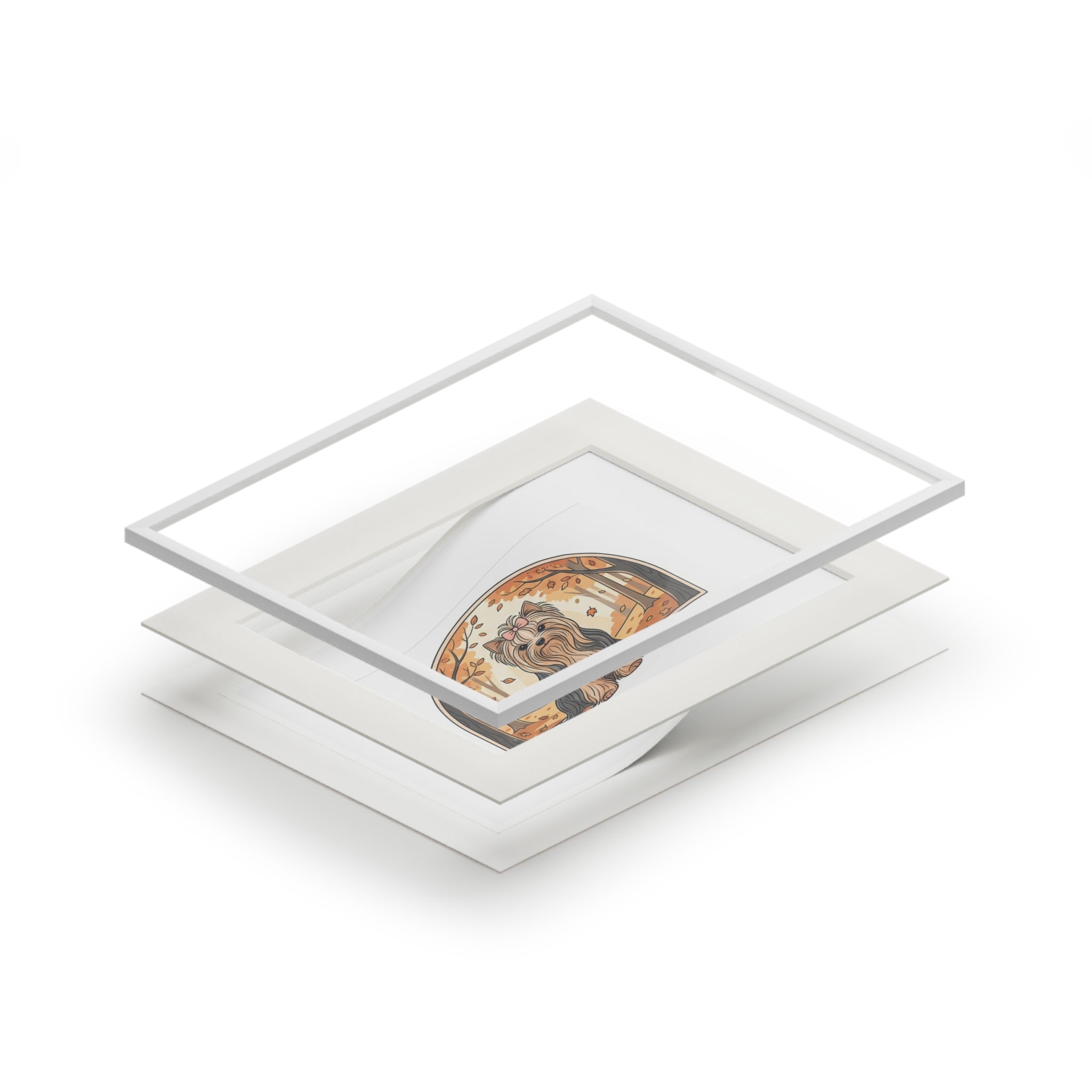 Elegant Autumn Yorkie Wall Art – Regal Long-Haired Yorkshire Terrier in Woodland Archway Print. Fine Art Prints (Passepartout Paper Frame)