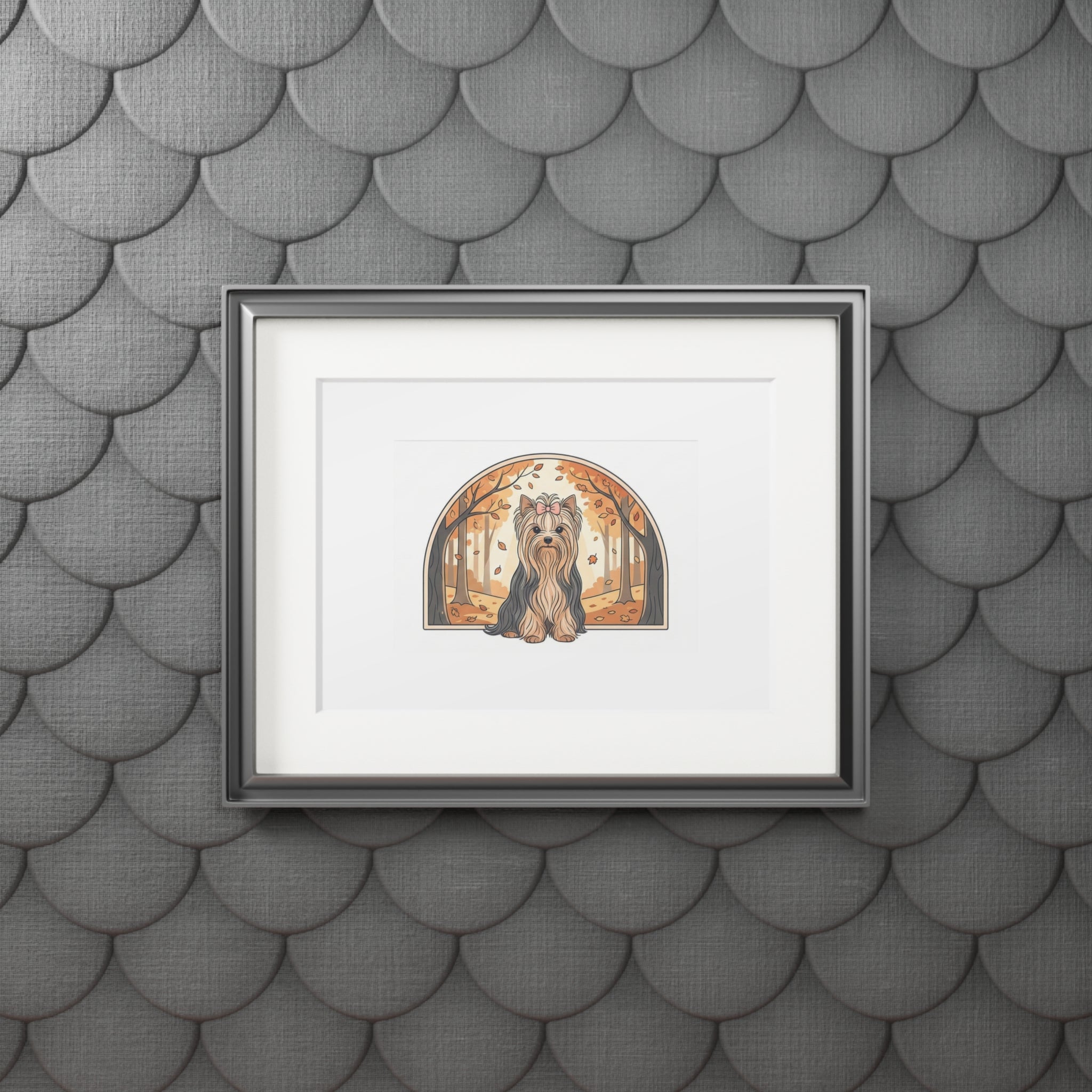 Elegant Autumn Yorkie Wall Art – Regal Long-Haired Yorkshire Terrier in Woodland Archway Print. Fine Art Prints (Passepartout Paper Frame)