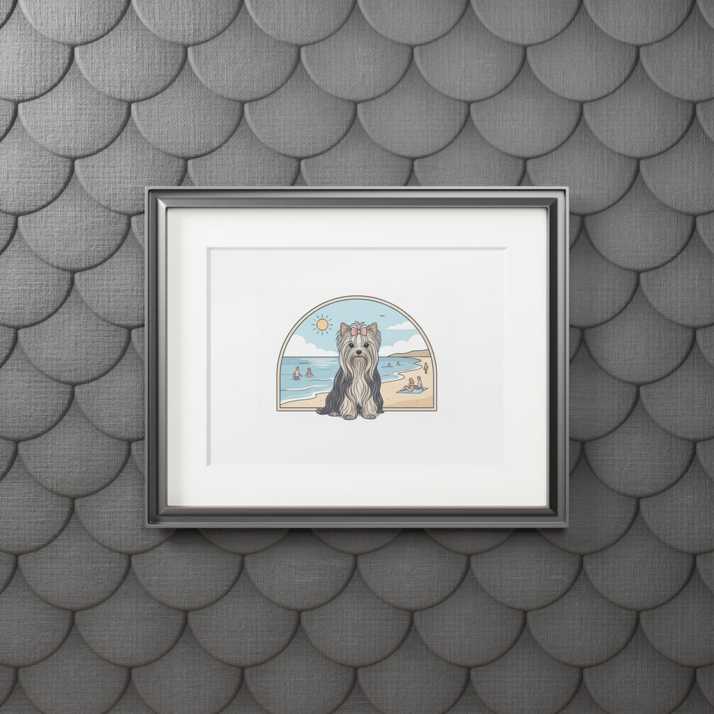 Elegant Summer Yorkie Wall Art – Regal Long-Haired Yorkshire Terrier in Beach Archway Print. Fine Art Prints (Passepartout Paper Frame)