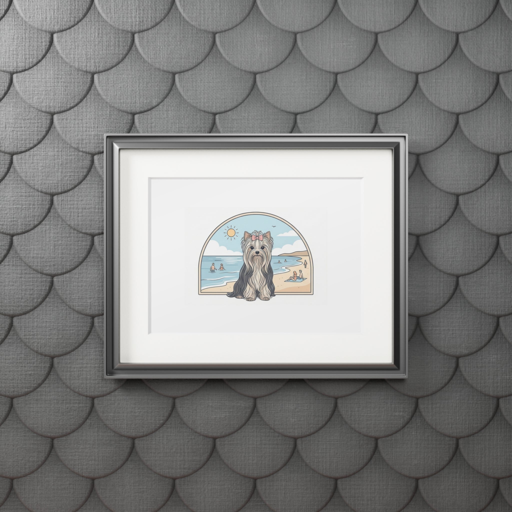 Elegant Summer Yorkie Wall Art – Regal Long-Haired Yorkshire Terrier in Beach Archway Print. Fine Art Prints (Passepartout Paper Frame)