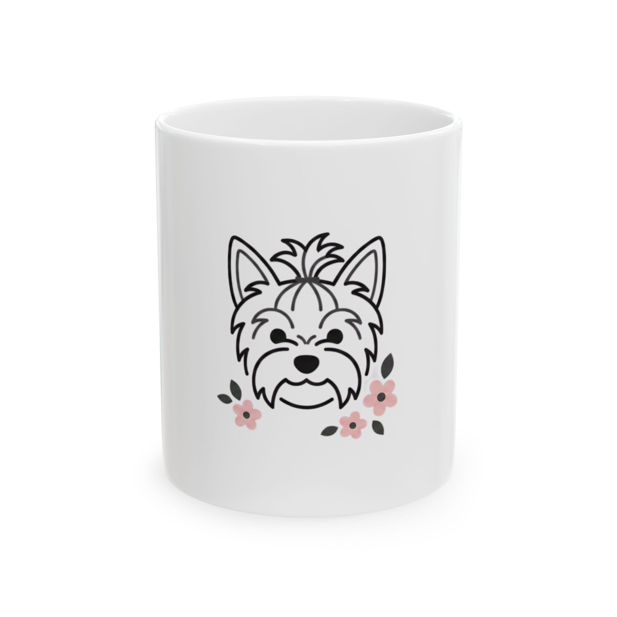 Floral Yorkie Ceramic Mug (11oz) – Cute Yorkshire Terrier Head with Flowers Coffee Cup