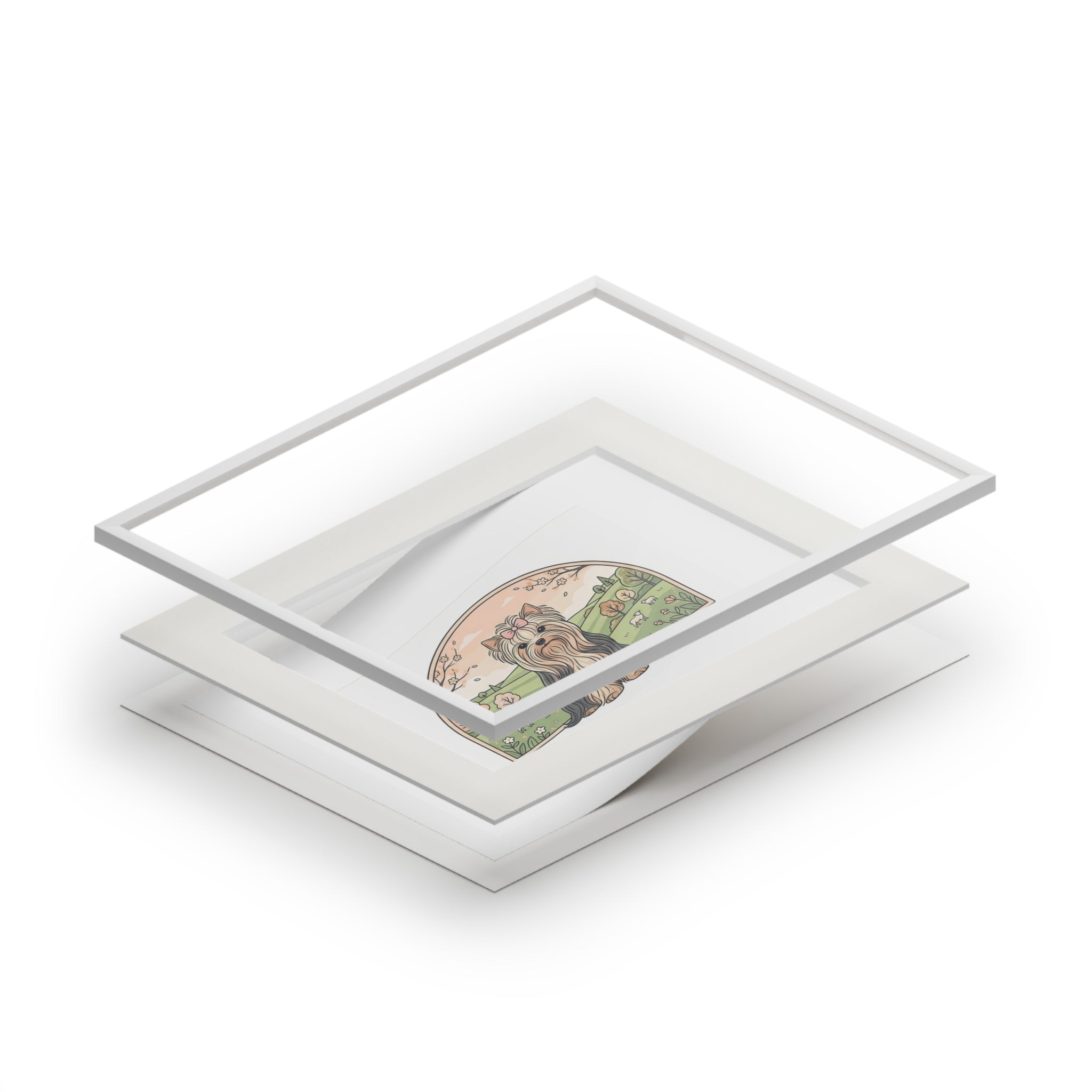 Elegant Spring Yorkie Wall Art – Regal Long-Haired Yorkshire Terrier in Countryside Archway Print, Fine Art Prints (Passepartout Paper Frame)