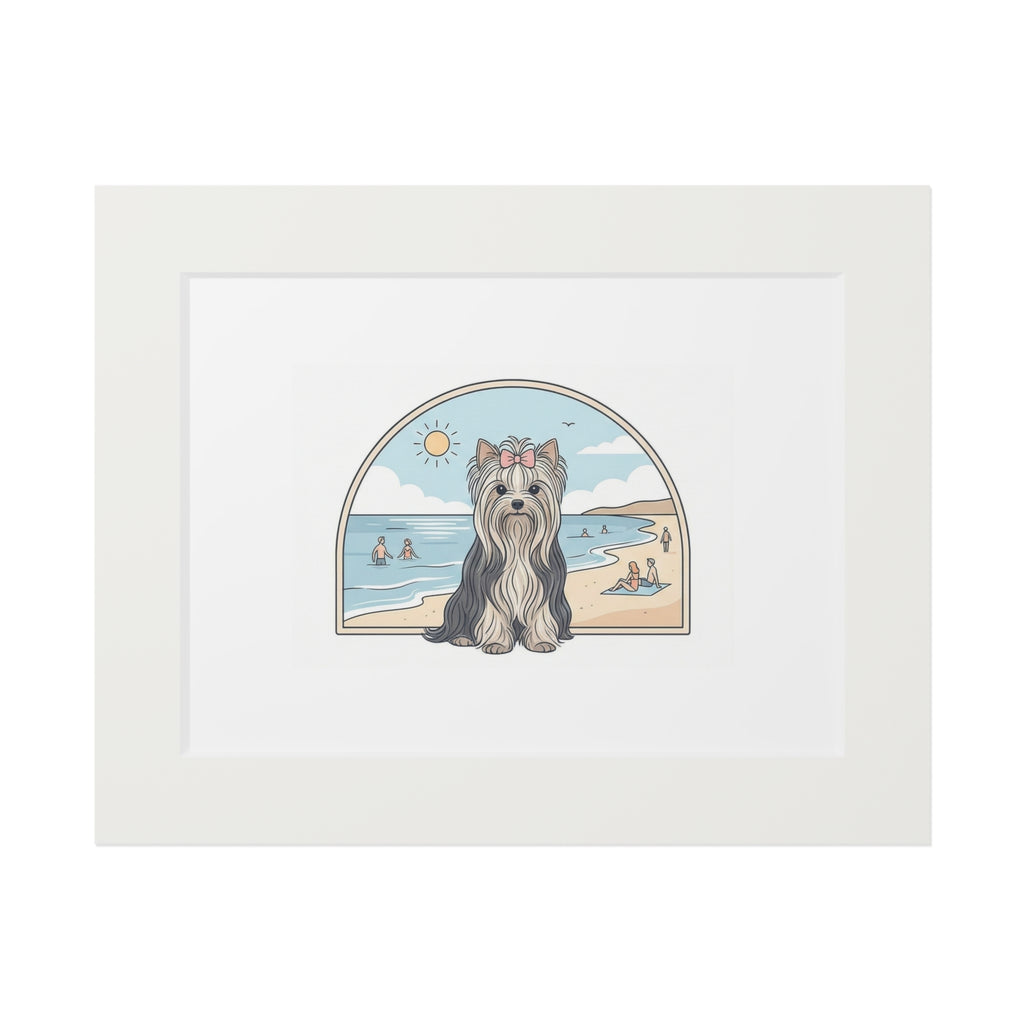Elegant Summer Yorkie Wall Art – Regal Long-Haired Yorkshire Terrier in Beach Archway Print. Fine Art Prints (Passepartout Paper Frame)