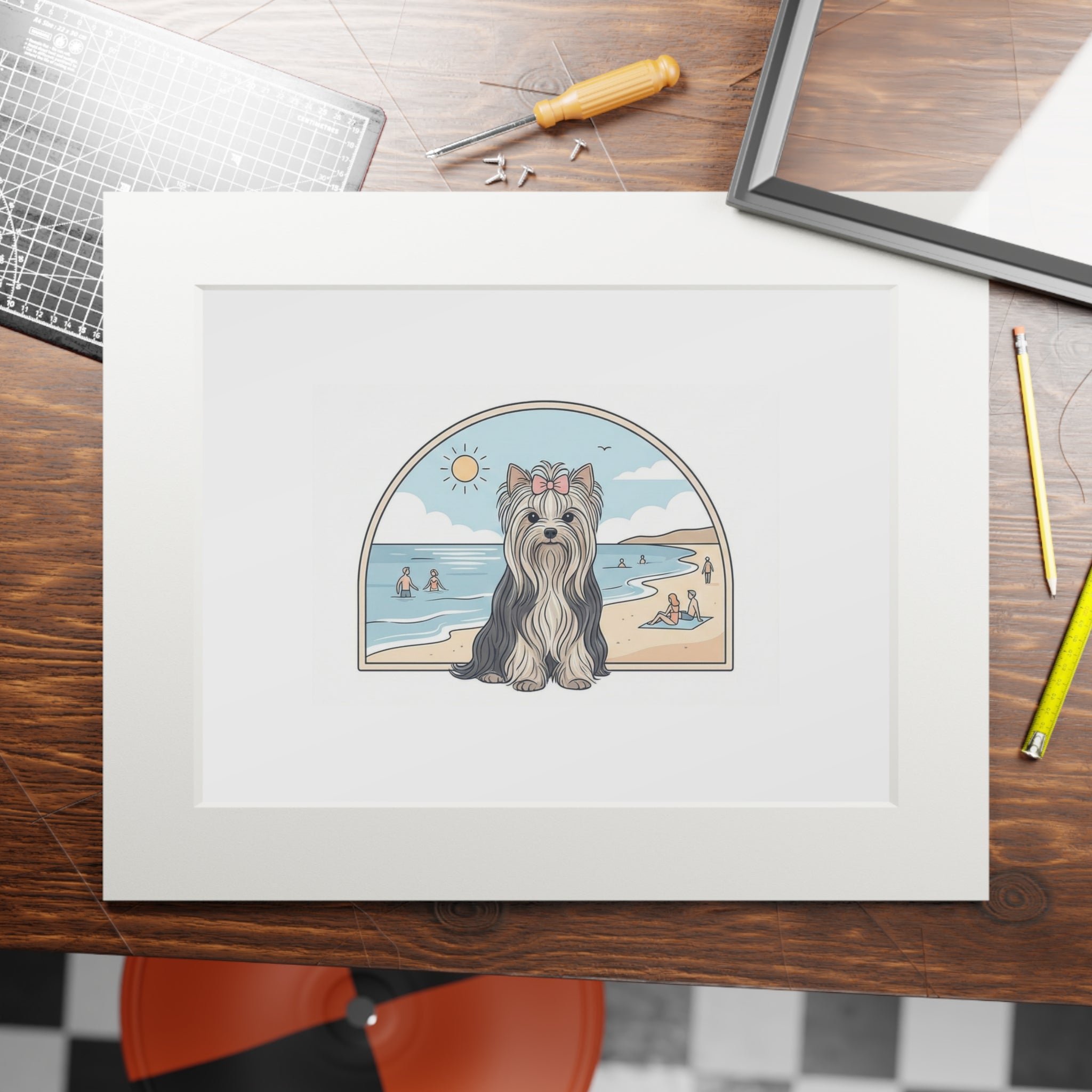 Elegant Summer Yorkie Wall Art – Regal Long-Haired Yorkshire Terrier in Beach Archway Print. Fine Art Prints (Passepartout Paper Frame)