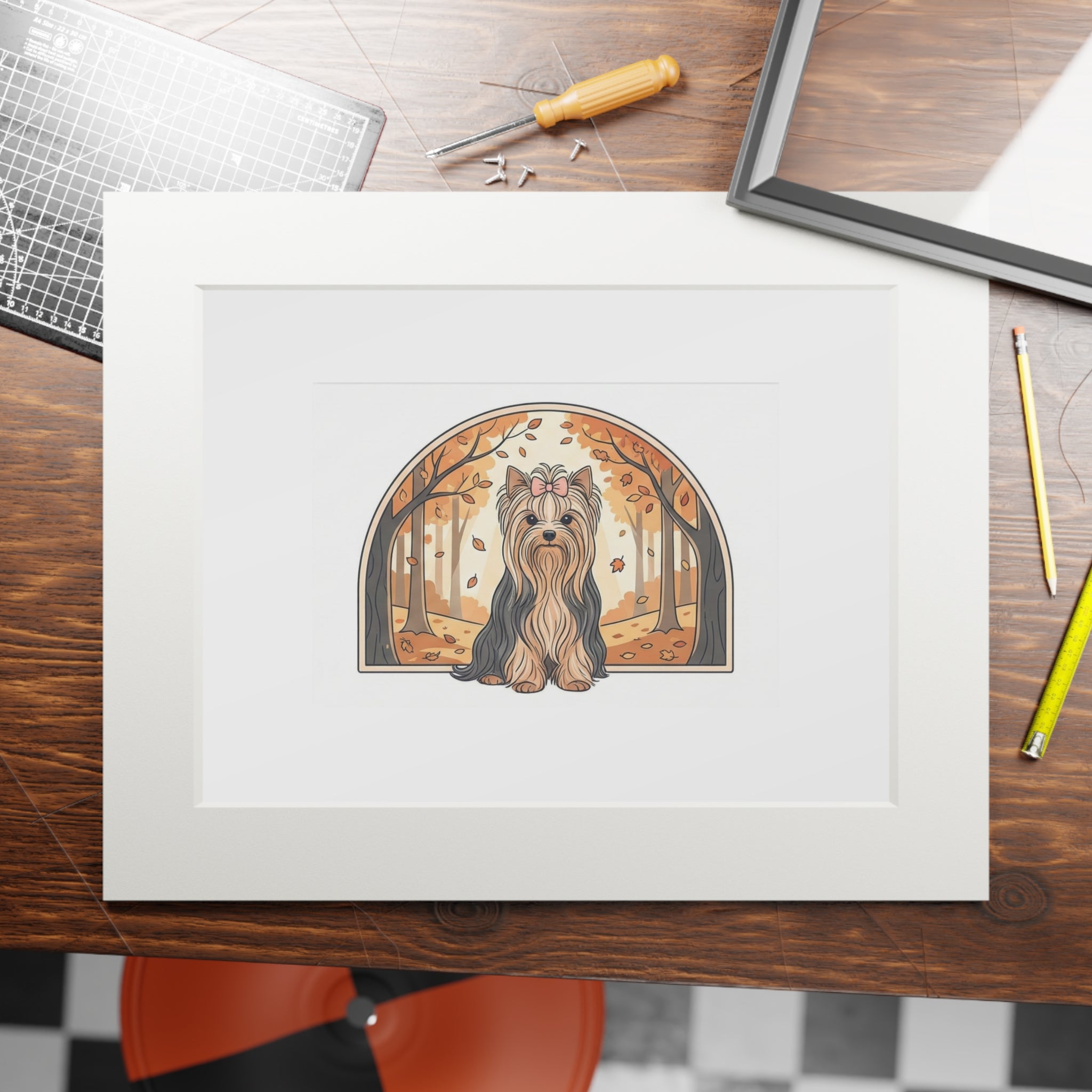 Elegant Autumn Yorkie Wall Art – Regal Long-Haired Yorkshire Terrier in Woodland Archway Print. Fine Art Prints (Passepartout Paper Frame)