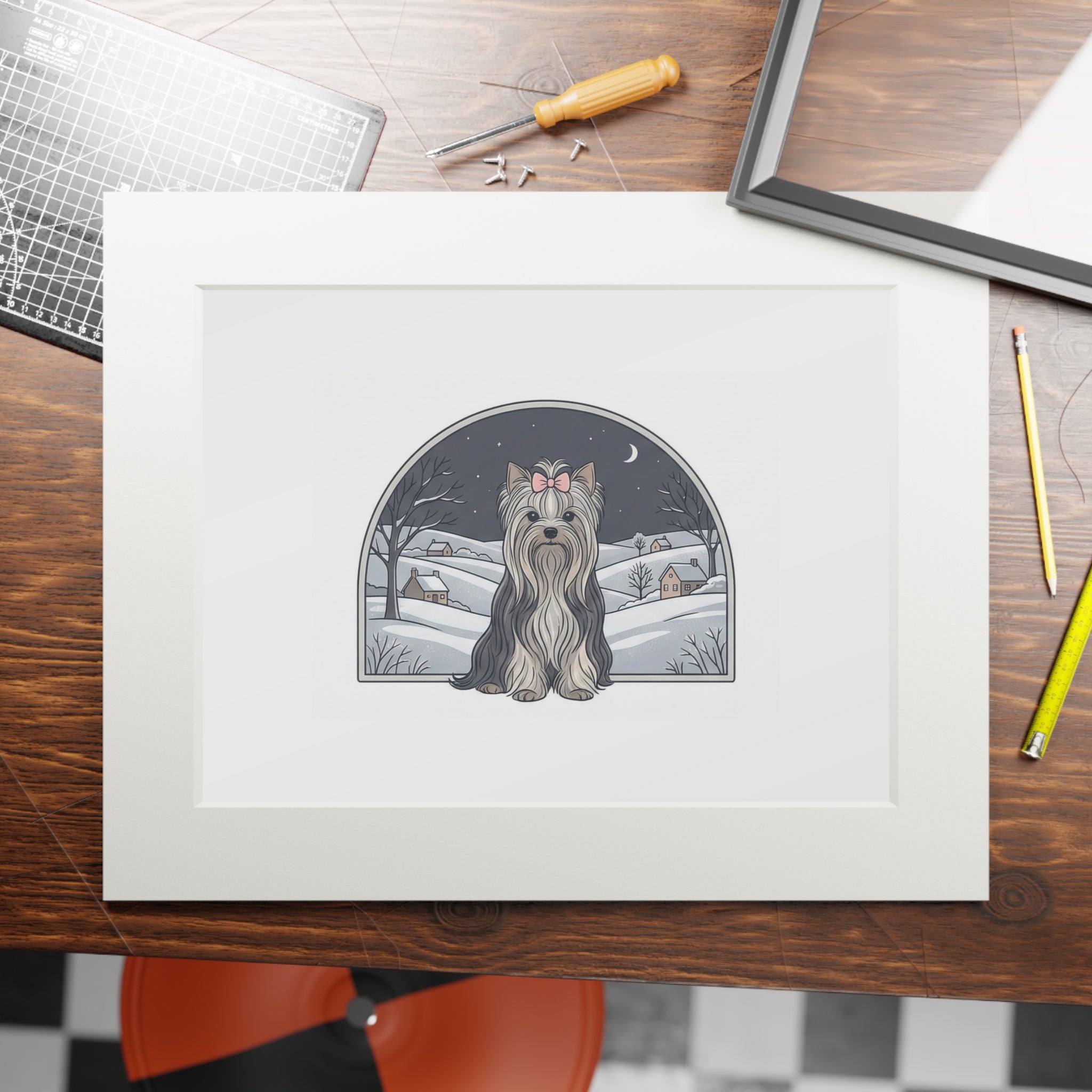 Elegant Winter Yorkie Wall Art – Regal Long-Haired Yorkshire Terrier in Moonlit Snow Countryside Print, Fine Art Prints (Passepartout Paper Frame)