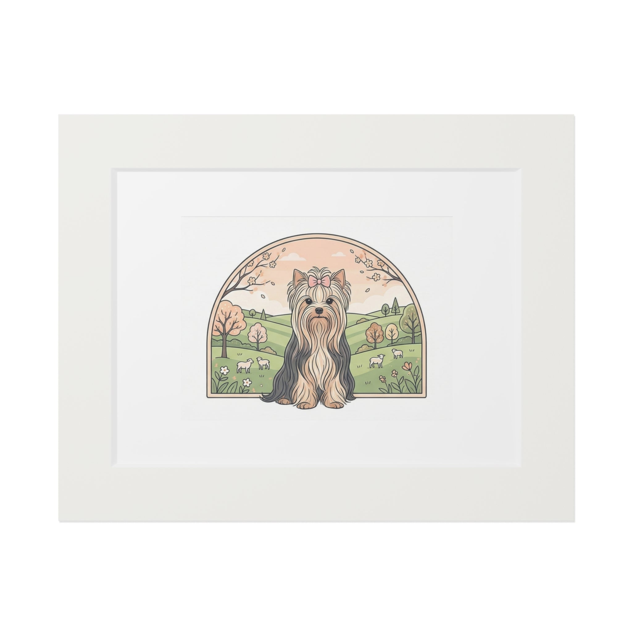 Elegant Spring Yorkie Wall Art – Regal Long-Haired Yorkshire Terrier in Countryside Archway Print, Fine Art Prints (Passepartout Paper Frame)