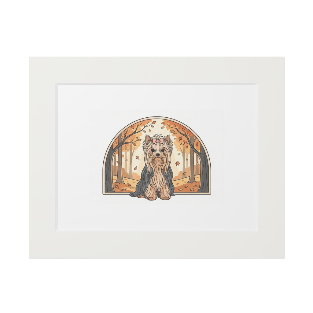 Elegant Autumn Yorkie Wall Art – Regal Long-Haired Yorkshire Terrier in Woodland Archway Print. Fine Art Prints (Passepartout Paper Frame)