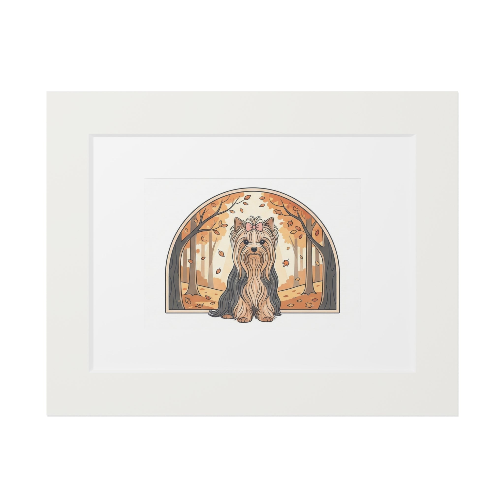 Elegant Autumn Yorkie Wall Art – Regal Long-Haired Yorkshire Terrier in Woodland Archway Print. Fine Art Prints (Passepartout Paper Frame)