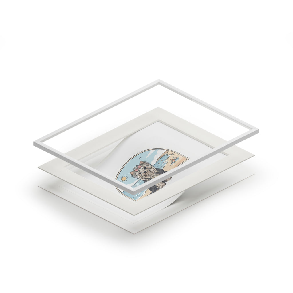 Elegant Summer Yorkie Wall Art – Regal Long-Haired Yorkshire Terrier in Beach Archway Print. Fine Art Prints (Passepartout Paper Frame)