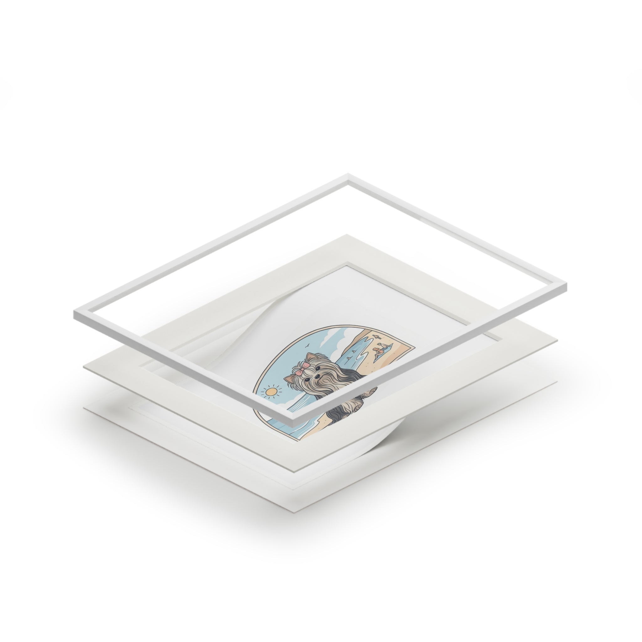 Elegant Summer Yorkie Wall Art – Regal Long-Haired Yorkshire Terrier in Beach Archway Print. Fine Art Prints (Passepartout Paper Frame)