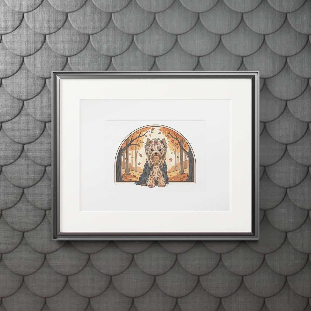 Elegant Autumn Yorkie Wall Art – Regal Long-Haired Yorkshire Terrier in Woodland Archway Print. Fine Art Prints (Passepartout Paper Frame)