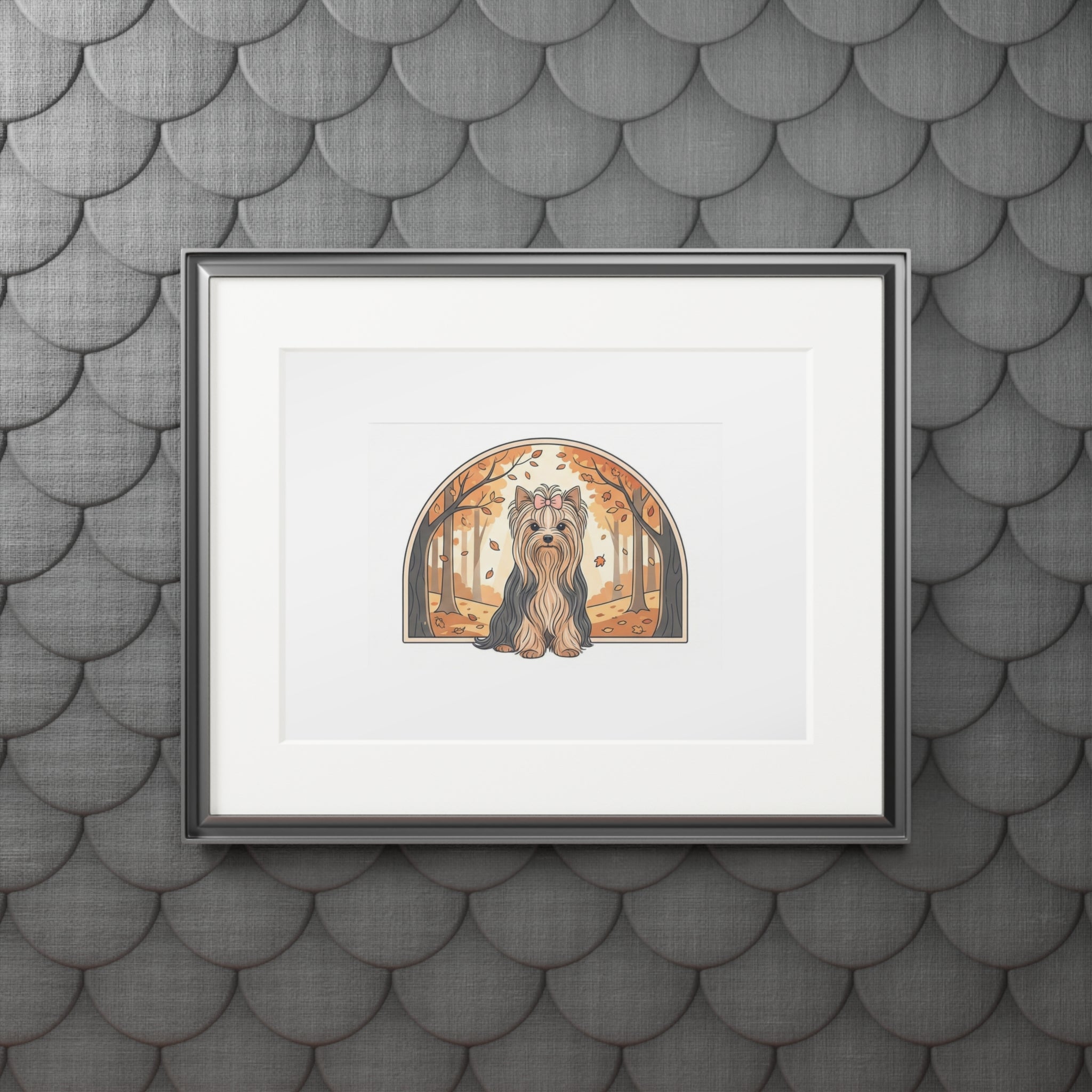 Elegant Autumn Yorkie Wall Art – Regal Long-Haired Yorkshire Terrier in Woodland Archway Print. Fine Art Prints (Passepartout Paper Frame)
